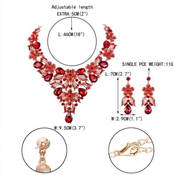 Yellow Gold and Ruby Red Austrian Crystal Floral Necklace and Earrings Set - Picture 6 of 6